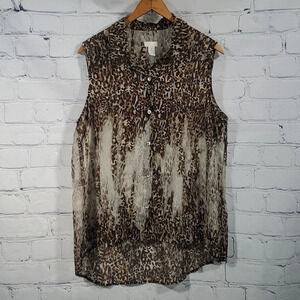 Chico’s Sheer Sleeveless Leopard Print Button Down Shirt Size 2